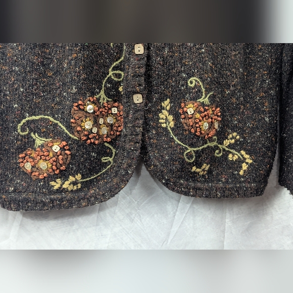 Christopher & Banks XL Hand Embroidered Brown Cardigan Sweater With Pumpkins - Picture 3 of 10